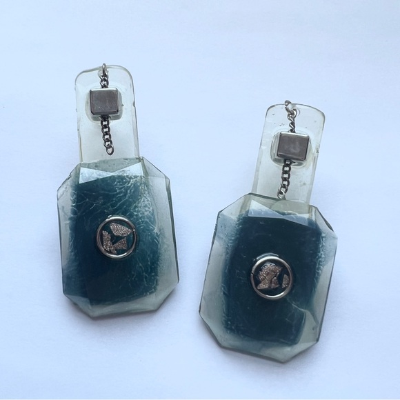 Blue transparent handmade earrings with chain dangle and hypoallergenic stud - Picture 2 of 3